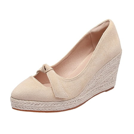 

Cathalem Women s Spring And Autumn Pointed Slope Heel Thick Sole Shallow MouthHigh Heel Thick Heel Shoes Bowknot Grass Woven Sandals Beige 41