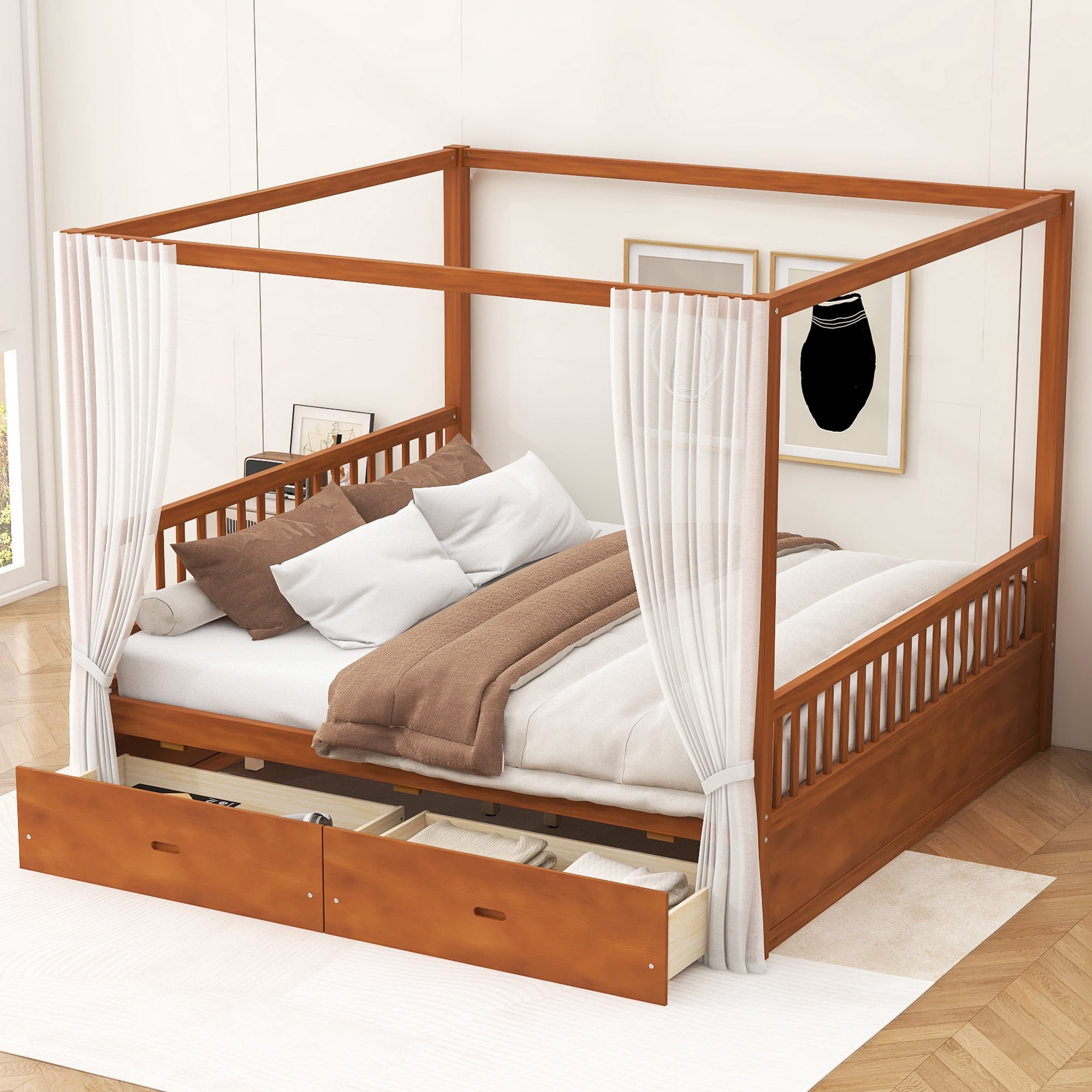 Mintazer King Size Canopy Bed with 2 Storage Drawers, Platform Bed Frame with Slatted Guardrails, No Box Spring Needed, Walnut