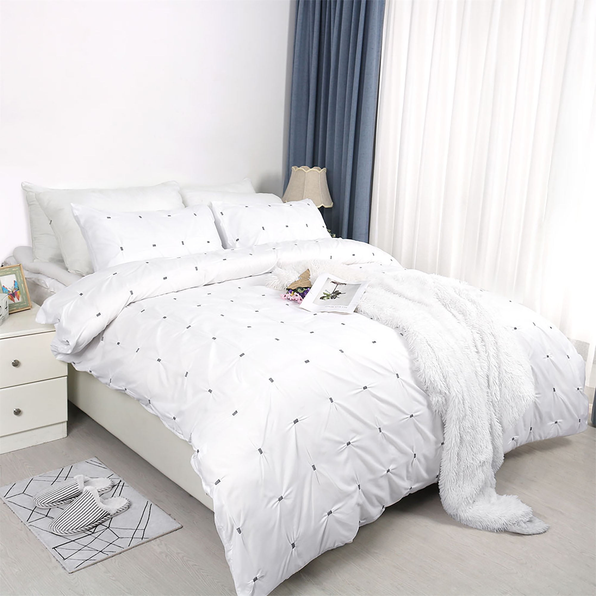 Duvet Cover Set 3 Piece Embroidery Pinch Pintuck King Bedding White