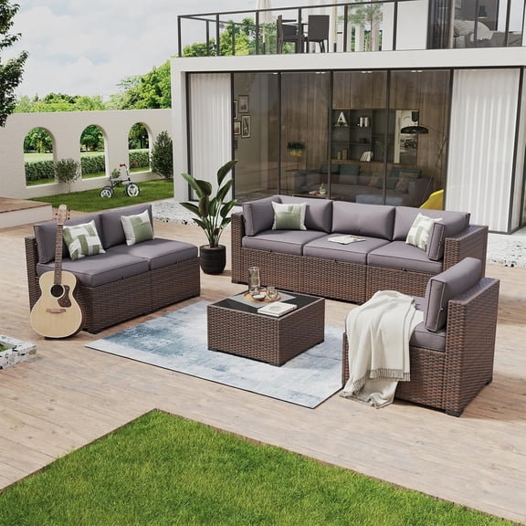 Dateyes 7 Piece Patio Furniture Set Wicker Rattan Patio Conversation Set Outdoor Sectional Sofa Set with Coffee Table and 4” Thickened Cushions, Gray(Waterproof Cover Included)