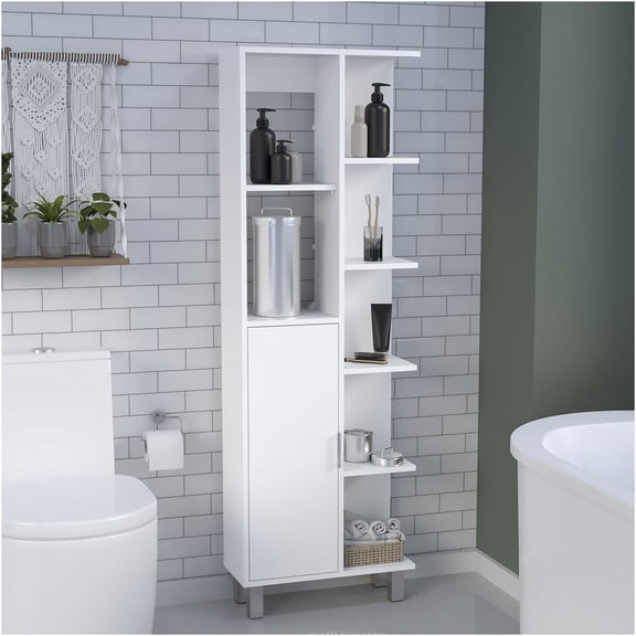 JERFIT White Bathroom Storage Cabinet with 7 Shelves & Drawer, Freestanding Linen Tower Organizer
