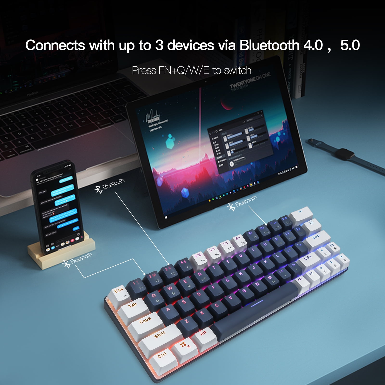 CQ63 Wireless Bluetooth 5.0 Mechanical Keyboard, Blue Switches, RGB Backlit, Compact 63 Keys, USB Type-C Wired, for Laptop, Mac, Smartphone, Tablet