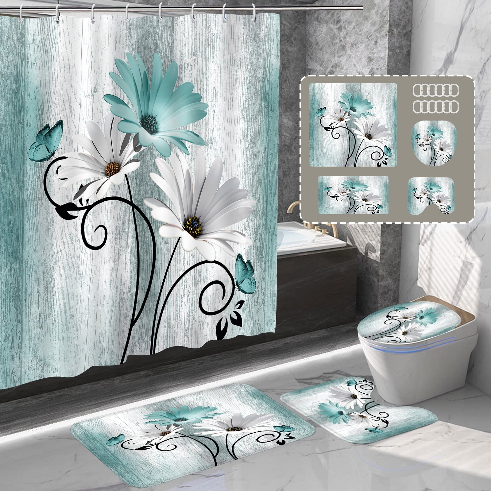 Hadint 4Pcs Teal Daisy Floral and Butterfly Shower Curtain Set, Shower Curtain and Rug Set, 12 Pcs Hooks, 71inx71in