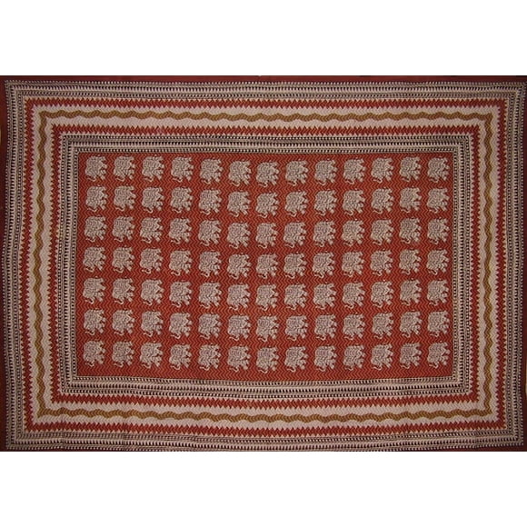Handmade Cotton Dabu Dyed Elephant Print Tapestry Tablecloth or Bedspread Twin 70 x 98 Inches