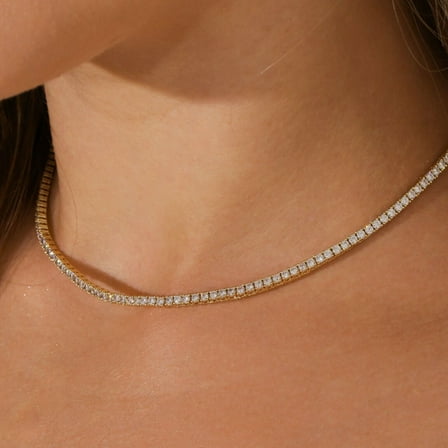 4MM Beautiful 24Ct Round Cut Diamond Tennis Necklace 18" 14K Yellow Gold Plated Silver