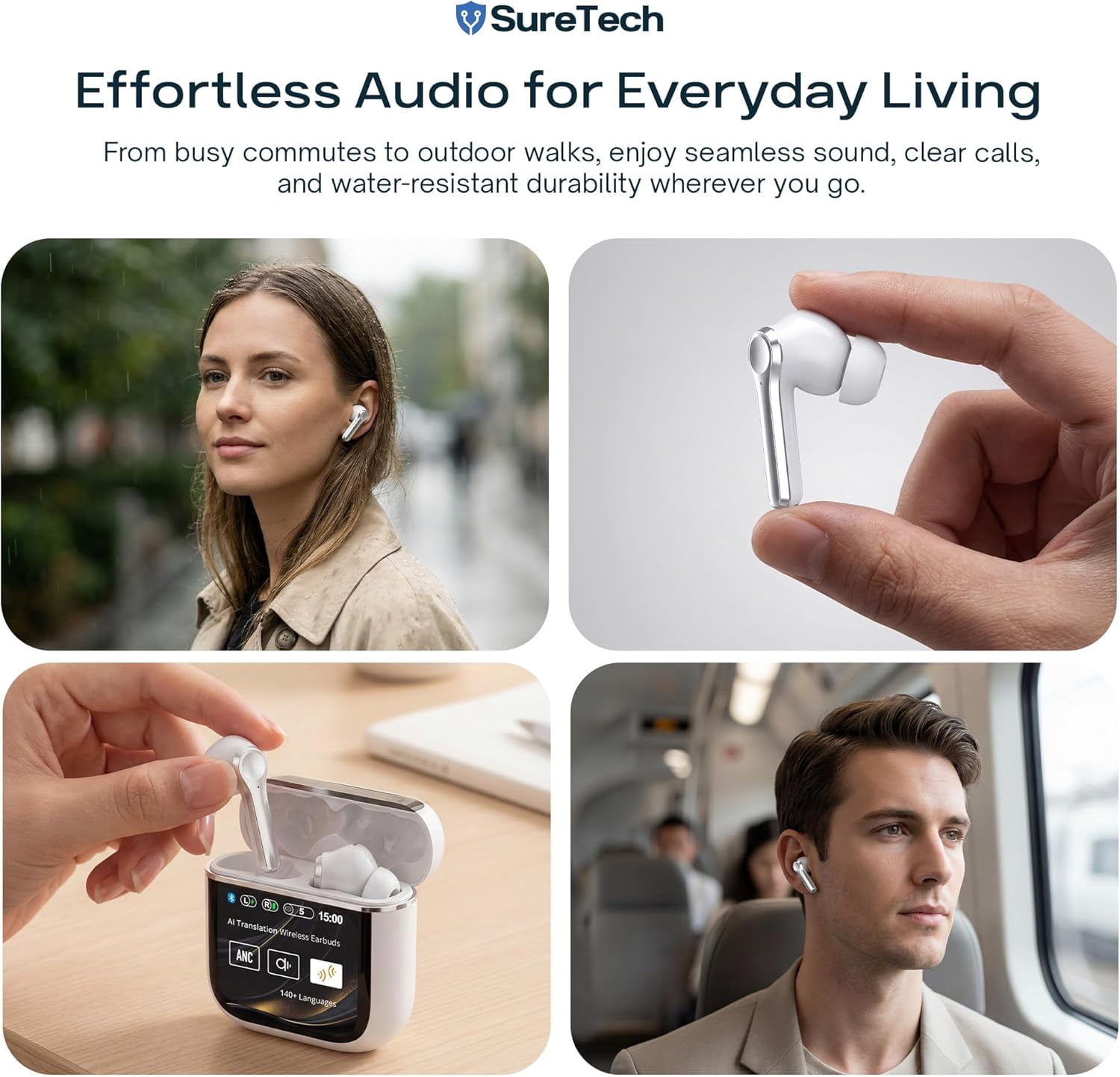 SureTech ANC/ENC Wireless Earbuds - 60 Hours Battery Life, AI Translation, Bluetooth 6.0, Touch Control, Waterproof, Charging Case with Silicone Tips