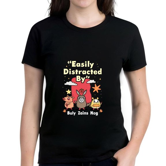 Colorful Cartoon Animals Cotton Short Sleeve T-Shirt - 'Easily Distracted By' with Playful Stars & Clouds Design