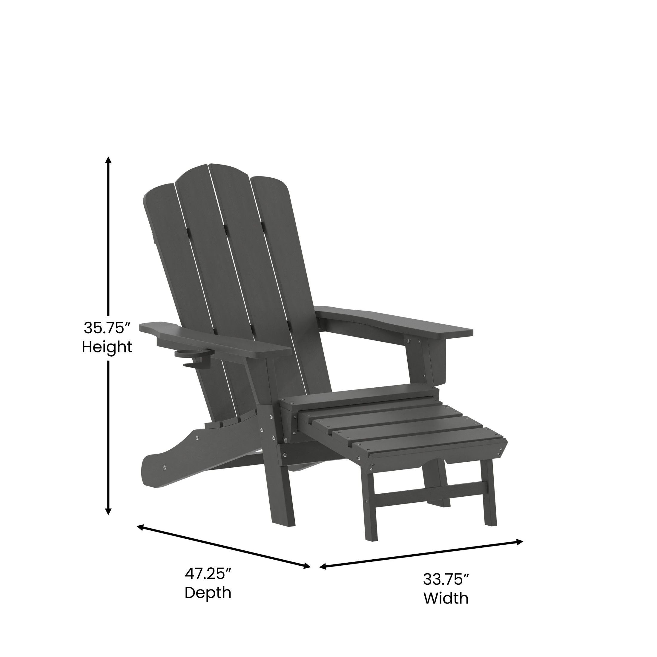 BizChair HDPE Adirondack Chair with Cup Holder and Pull Out Ottoman, All-Weather HDPE Indoor/Outdoor Lounge Chair in Gray, Set of 2