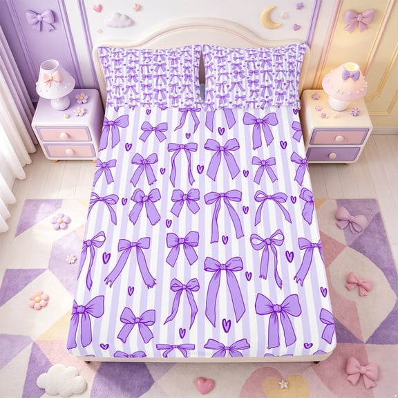 Manfei Cute Purple Bowtie Fitted Sheet Full,Fashion Bowknot Heart Print Bed Set,3pcs,1 Fitted Sheet and 2 Pillowcases