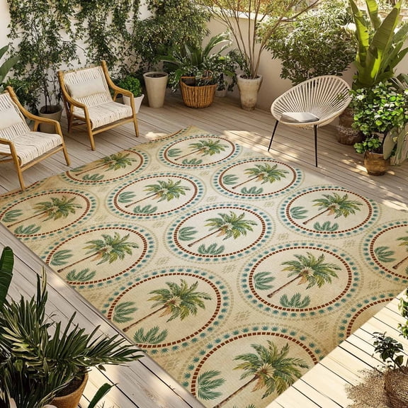 Vintage Palm Trees Outdoor Rug for Patio/Deck/Porch, Non-Slip Large Area Rug 5 x 7 Ft, Summer Botanical Retro Watercolor Indoor Outdoor Rugs Washable Area Rugs, Reversible Camping Rug Carpet Runner