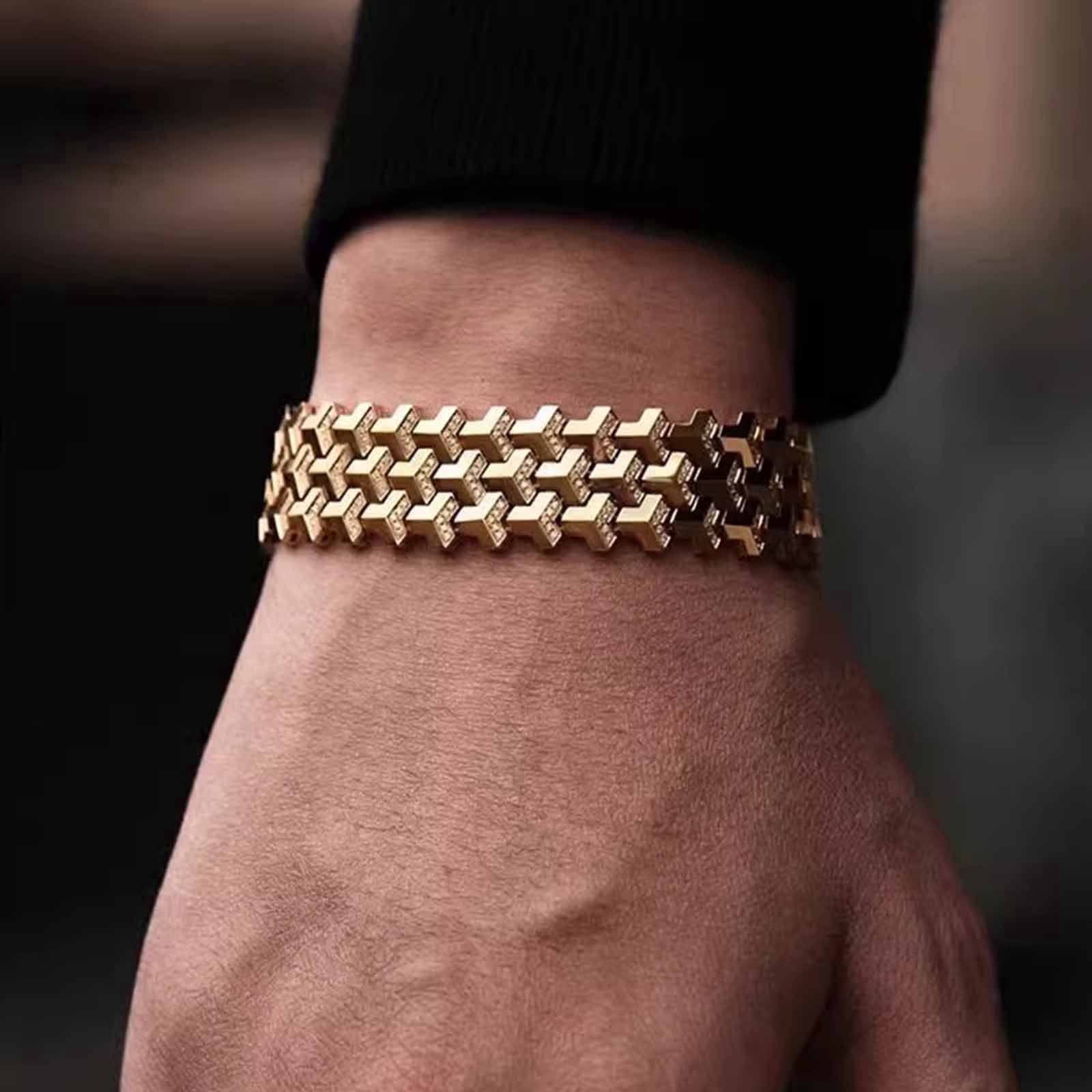 Men Geometric Link Bracelet, Handmade Modern Out Jewelry Accessories for Men Gold 7 Inches