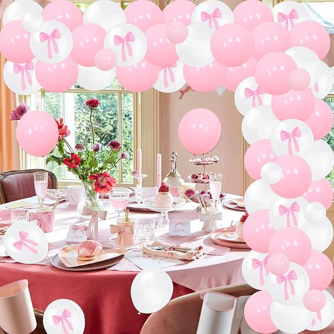 72PCS Pink Bow Princess 1st Birthday Decoration - Bow Garland Arch Kit Our Sweet Little Girl Is Turning One Backdrop Pink Bow Number 1 Foil Balloon for Baby Princess Girl 1st Birthday Party Supplies