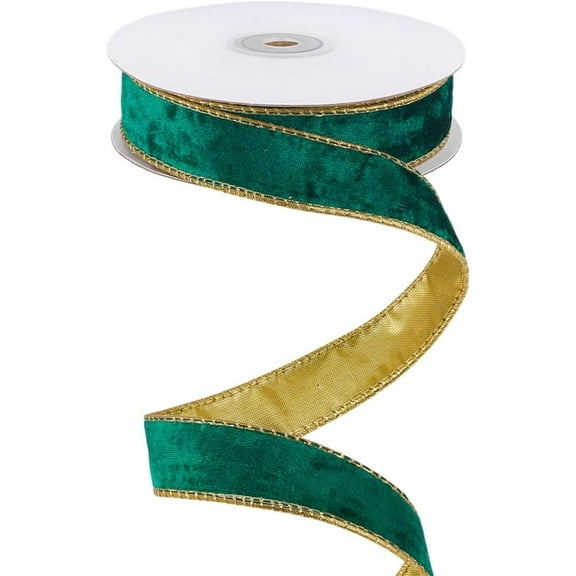 10 Yards Green and Gold Velvet Wired Ribbon 0.98 Inch Wide Single Sided Velvet Decorative Ribbon with Gold Back for Christmas Tree Garland Wreath Party Decoration Gift Wrappings