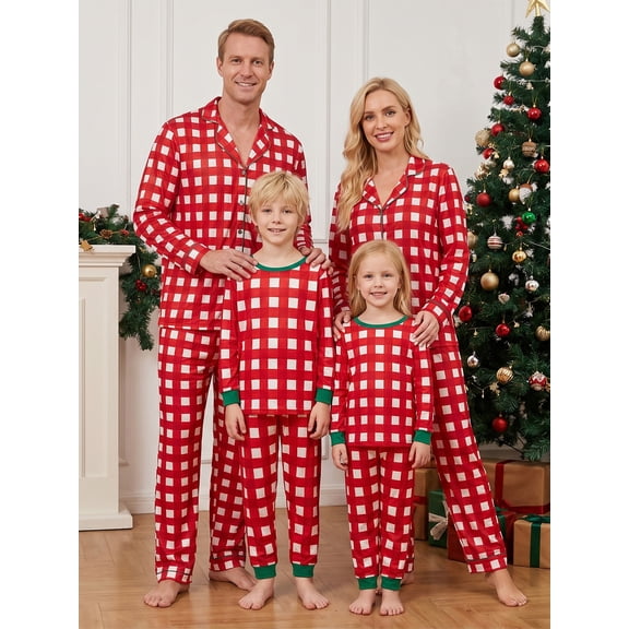 Family Pajamas Matching Set, Long Sleeve Shirt with Pants Plaid Sleepwear Loungewear