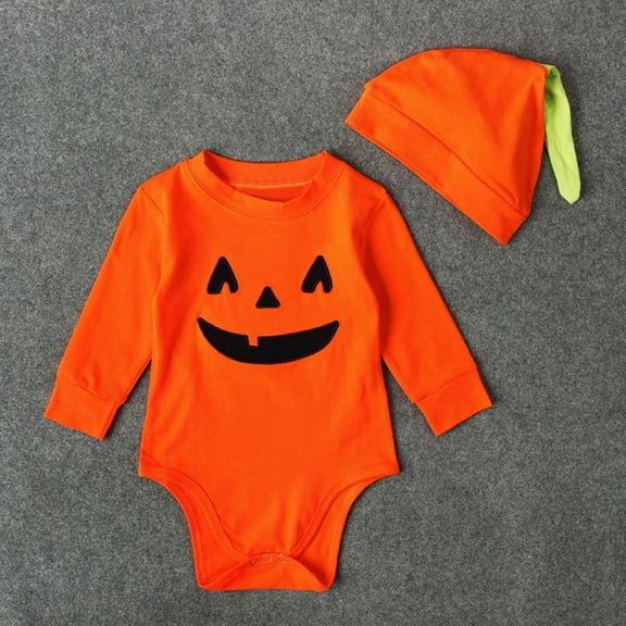 Luxalzxs Orange Onesies 3-6 Months Baby Boys Girls Halloween Outfit Set Funny Halloween Long Sleeve Pumpkin Romper with Hat