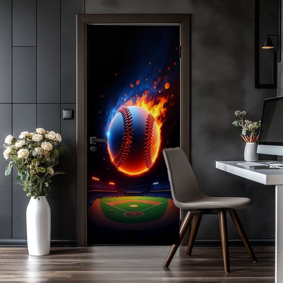Door Stickers Peel and Stick Door Mural Flaming Baseball Stadium Night Blue Orange Fire Removable Wallpaper 30.3''x78.7'' Self-Adhesive Mural for Kitchen Living Room Bedroom Decor