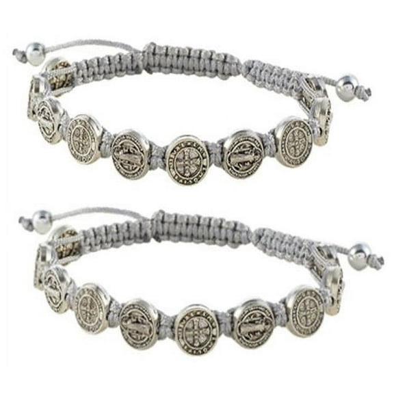 Gray St Saint Benedict Cord Rosary Bracelet (10) Silver Tone Beads (SET of 2)