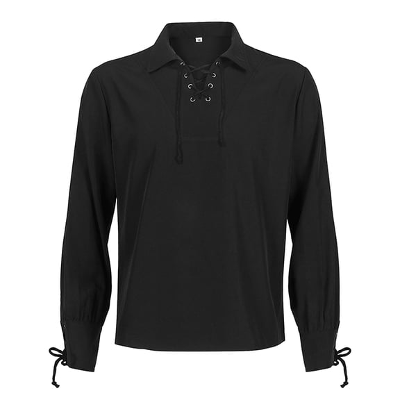 Rexolia Mens Renaissance Lace Up Pirate Shirt V Neck Tie Cuff Medieval Costume Cotton Long Sleeve Top Black L