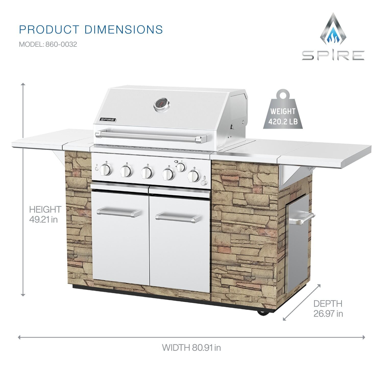 Spire 5-Burner Built-in Propane Gas Stone Island Grill w/Rear Burner, 63,000BTUs, 758 sq.in. Cooking Area, Convertible to Natural Gas, 2 Fixed Shelves, Pullout Trash Bin, 2 Halogen Light, 860-0032
