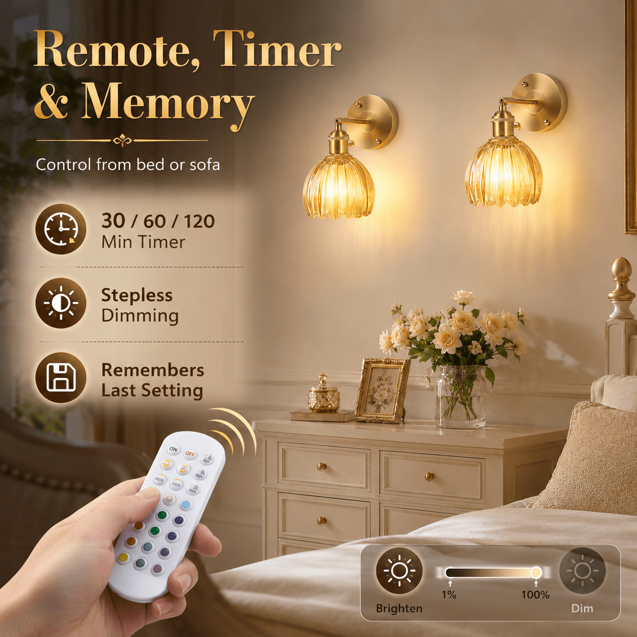 DONGPAI 2 Pack Vintage Battery Operated Wall Sconce with Amber Tulip Glass Lampshade Wireless Rechargeable Wall Light with Remote Control for Bedside Bedroom Doorway