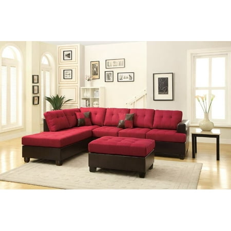 Poundex Bobkona Winden Blended Linen 3 Piece Reversible Sectional Sofa With Ottoman Carmine