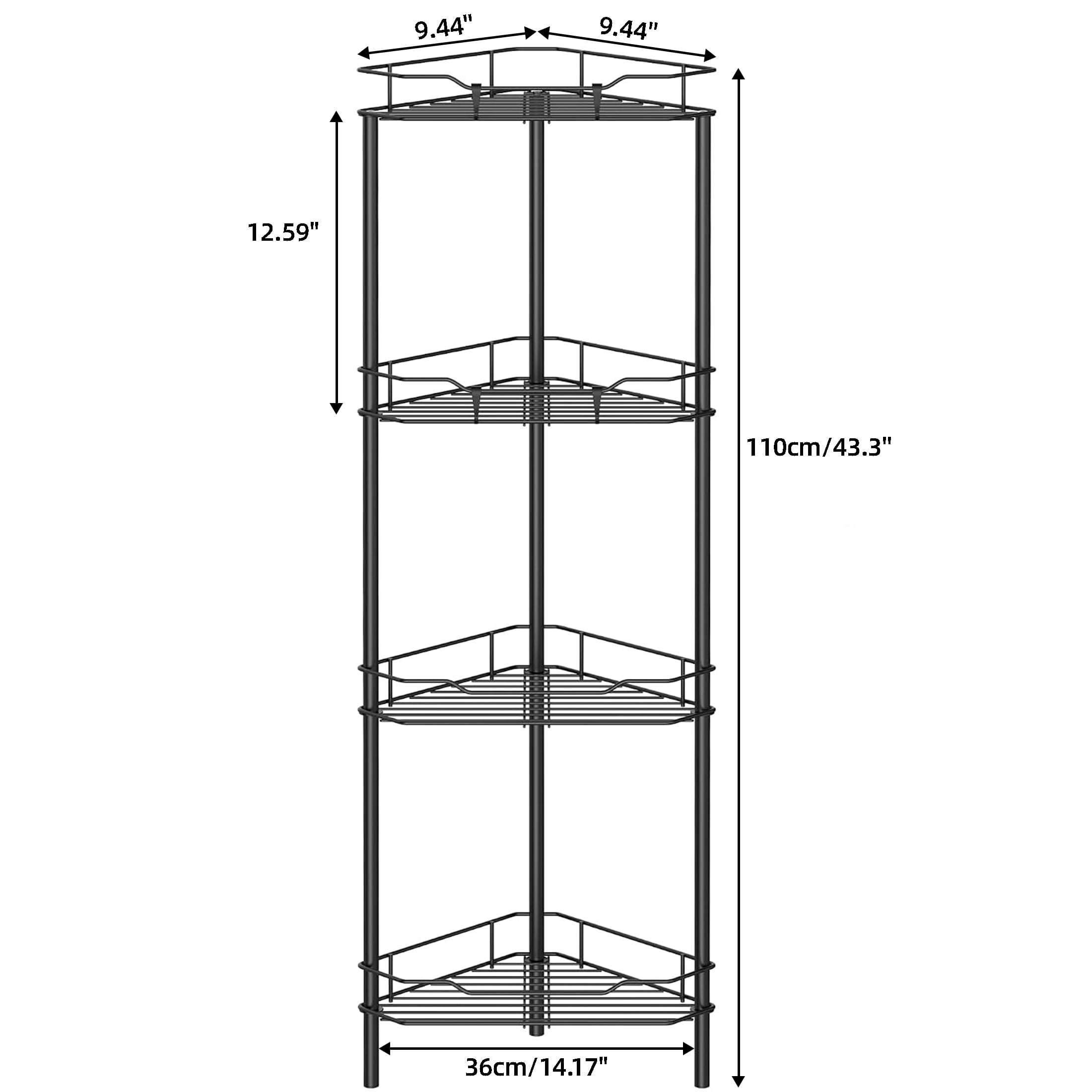 Corner Shower Caddy, 4‑Tier Floor‑Standing Bathroom Storage Shelf, Black