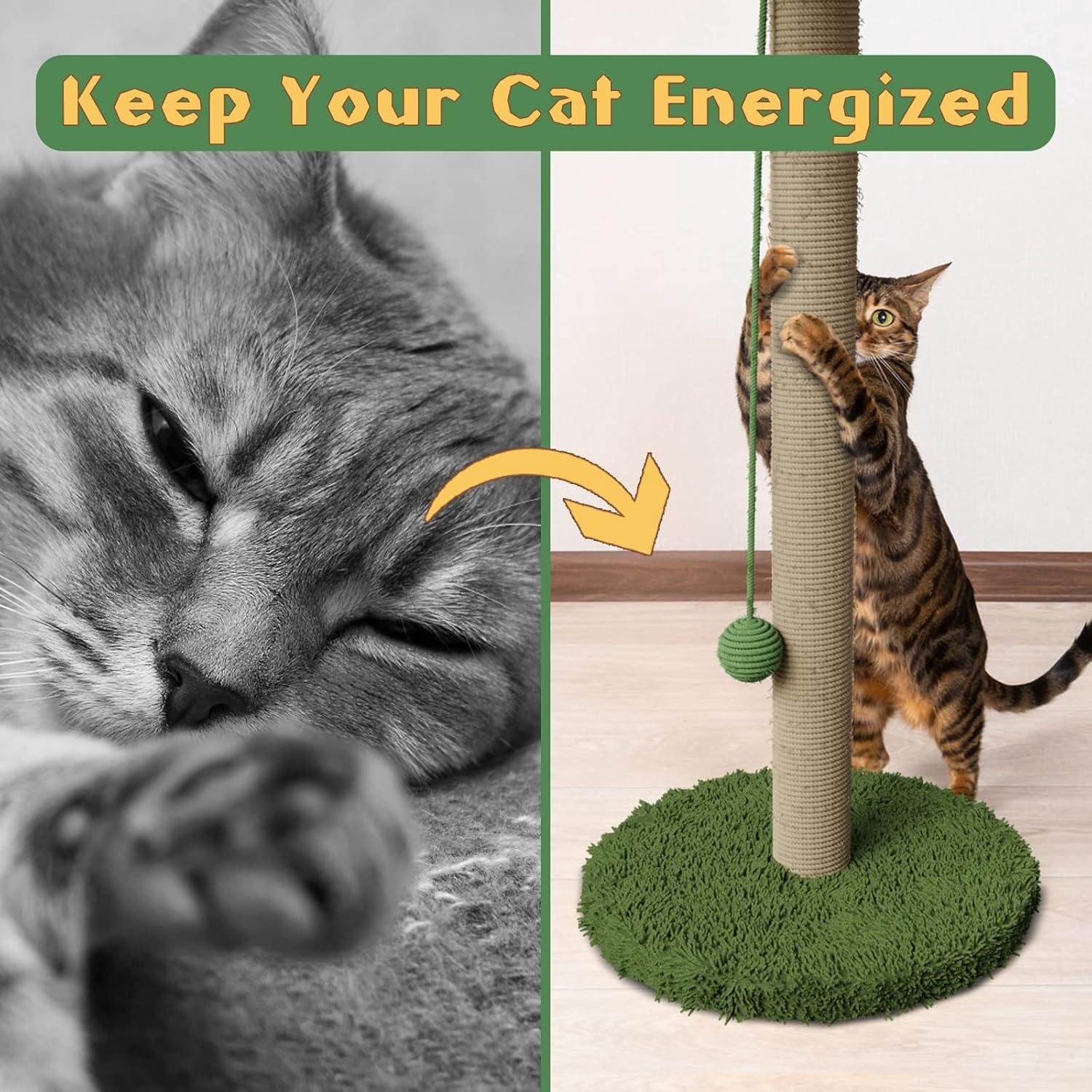 Cat Scratching Post for Indoor Cats, 33.5" H Sisal Rope Scratching Posts with Simulated Leaves, Kitten Scratcher with Soft Platform and Hanging Ball - 1 Cat Teasing Stick and 2 Catnip