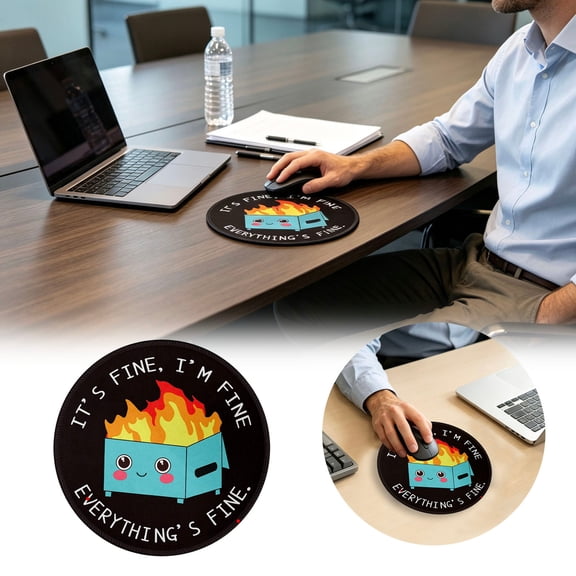 Funny Burning Trash Can Mouse Pad, 9 Inch Round Desk Mat with Stitched Edge, Humorous Office Desk Decor, Non-Slip Rubber Base for Gaming and Home