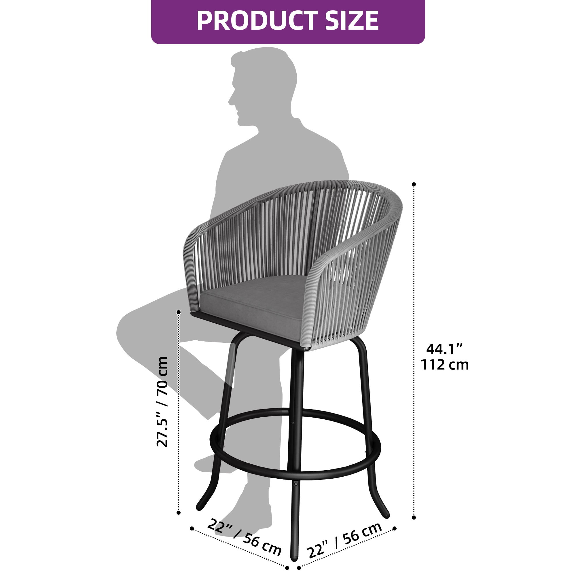 Uforic Set of 2 Patio Bar Stools, Counter Height Swivel Bar Stools with Cushions, Outdoor Rattan Patio Chairs for Indoor Outdoor Backyard Balcony Deck Lawn, Gray