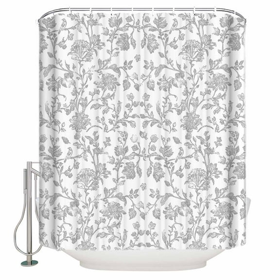 72x78 Inch Shower Curtain Boho Gray Flower Bathroom Decor Waterproof Fabric Bathtub Bath Curtains Decorative Vintage Farmhouse Leaf Spring Plant Extra Long Shower Curtain Set with Hooks