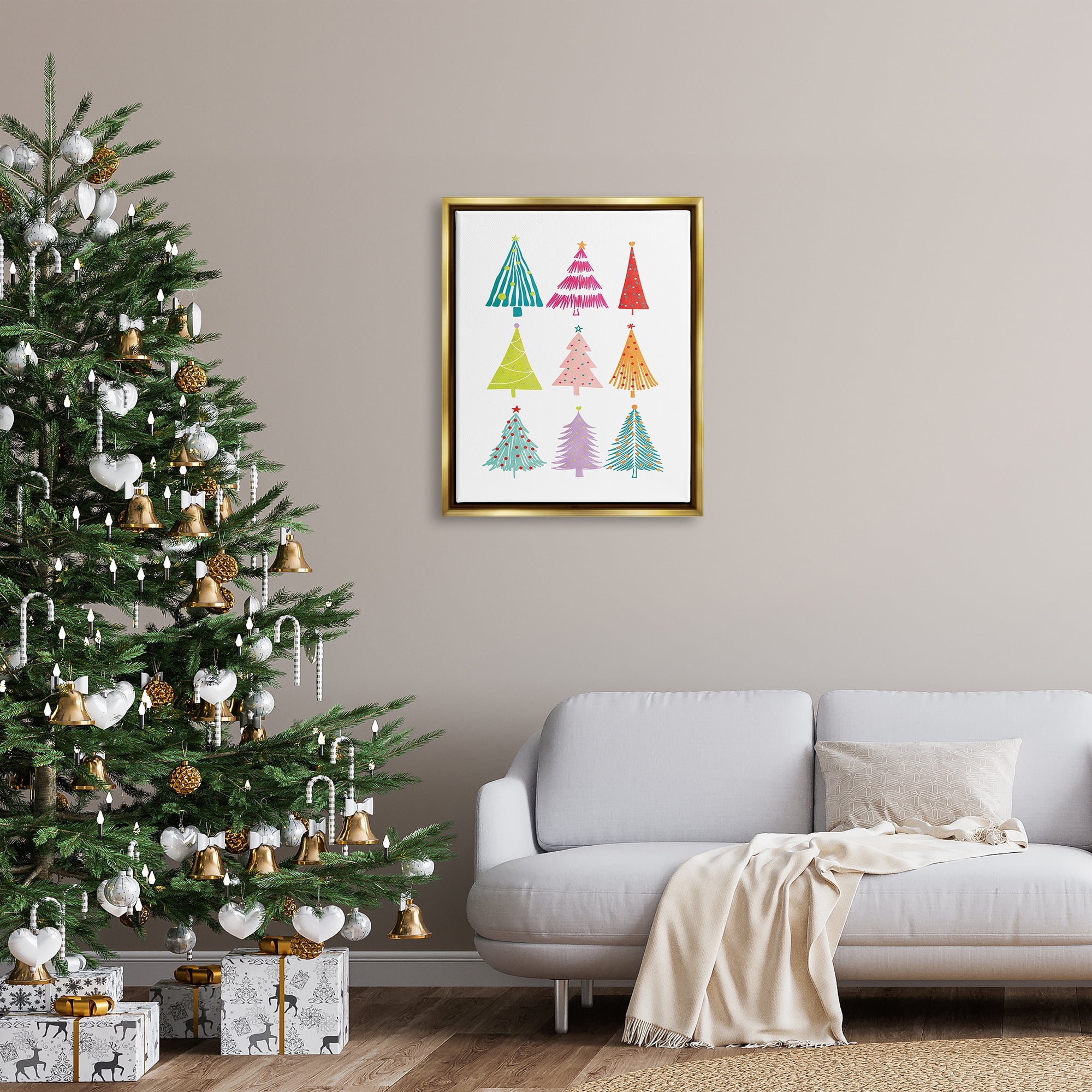 Stupell Industries Varied Fun Christmas Trees Holiday Painting Gold Floater Framed Art Print Wall Art