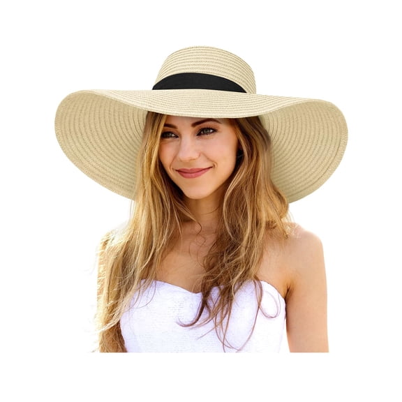 WUODHTW Fashion Sun Hats for Women Oversize Wide Brim Straw Beach Hat Floppy Foldable Roll-Up Summer Vacation UPF 50 