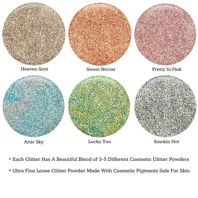 Glitties Iridescent Cosmetic Fine Mixed Glitter Powder Kit (6 PK) - Safe for Eyeshadow, Makeup, Body, Nails, Decorations, Iridescent Cosmetic Fine