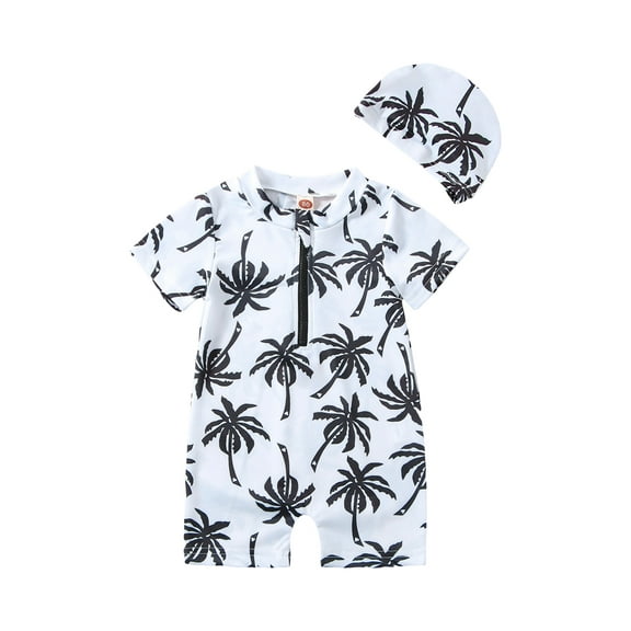Bagilaanoe 2-5T Baby Boy Swimsuit Toddler One Piece Short Sleeve Print Bathing Suit Cap Kids Rash Guard Swimwear Beachwear Sunsuit