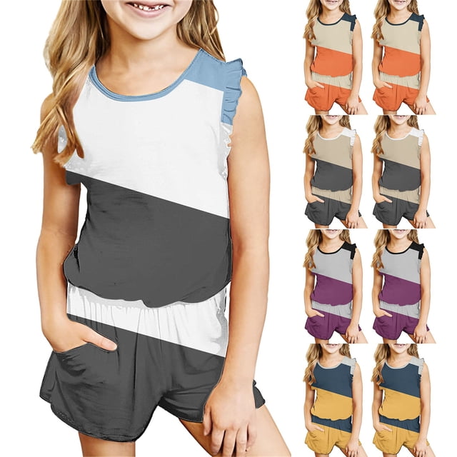 Qtocio Ensemble 2 Pcs pour Enfants, Haut Sans Manches à Col Rond Imprimé et Shorts à Taille Élastique, Ensemble d'Été Léger et Doux pour Garçons et Filles