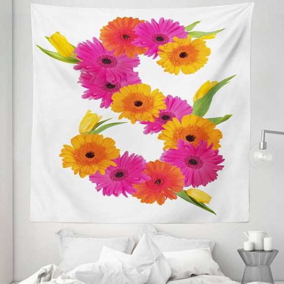 Letter S Tapestry, Fragrance C Garden Flourishing Nature Essence of Nature in Alphabet, Fabric Wall Hanging Decor for Bedroom Living Room Dorm, 5 Sizes, Orange Hot Pink Green, by Ambesonne