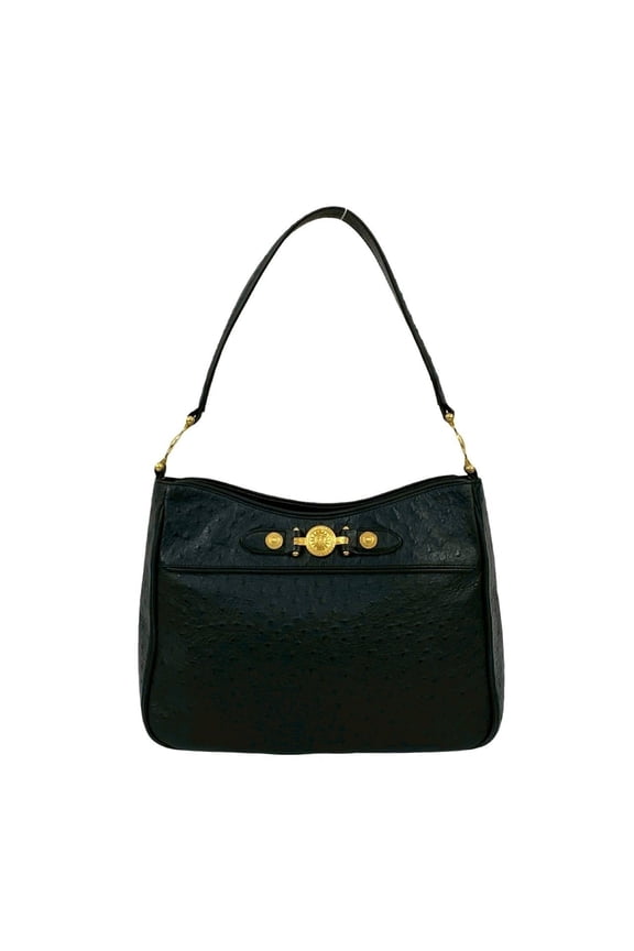 Pre-Owned VERSACE Sunburst Logo Leather Semi One Shoulder Bag Handbag Black 62618 (Good)