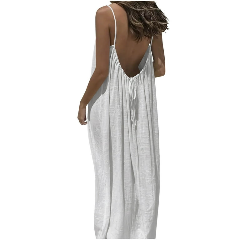 Frsasu Women's Summer Sleeveless Backless cami Dresses Spaghetti Strap Flowy Dress Long Sundress with Back Tie White