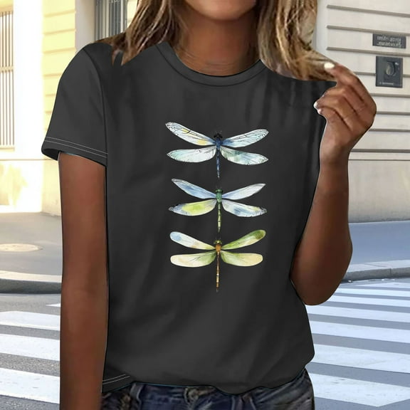 HOMBOM Women Tops Summer Black Graphic Tee Crew Neck Short Sleeve Dragonfly T-shirt M