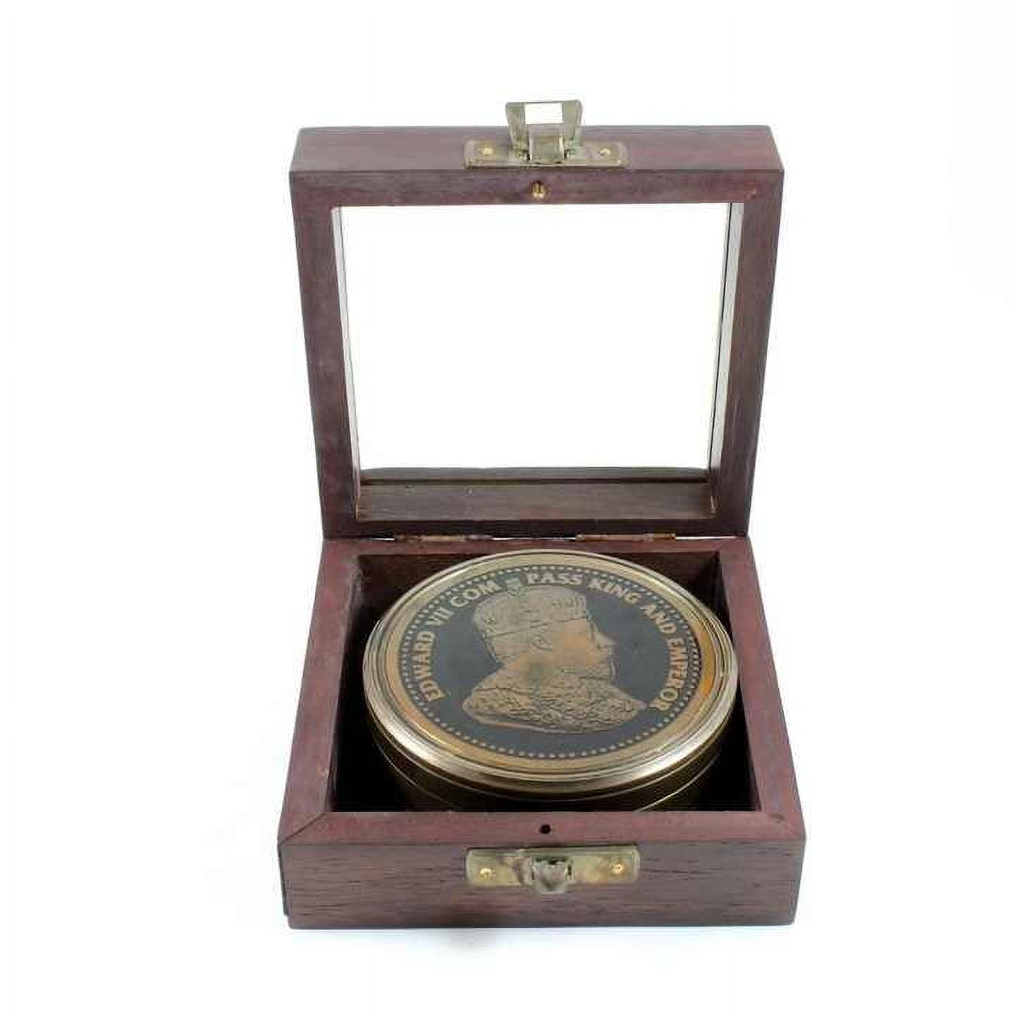 Antique Edward VII Brass Compass with Wooden Glass Window Box Metal Antique Finish Glass Compass