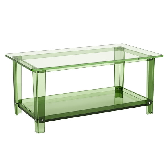 KFFKFF Acrylic Coffee Table, 2 Tiers Center Table with Storage Shelf, Modern Rectangle Acrylic Coffee Desk, 19.7 x 31.5 x 15.7 in (Green)