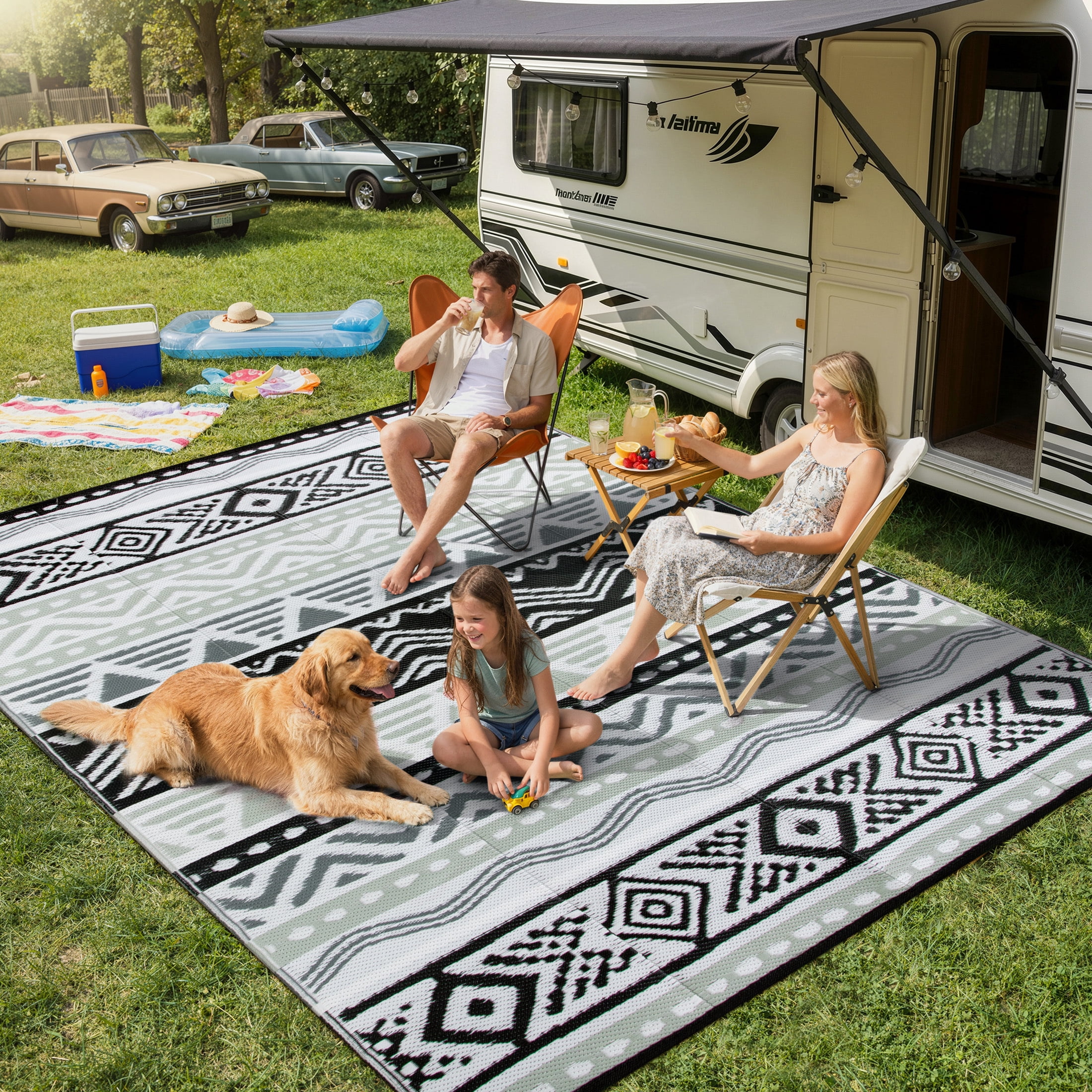 Moynesa Large Outdoor Rug Waterproof, 8'x10' Lightweight Plastic Straw Rug for Camping RV, Reversible Outside Carpet for Patio Deck Porch Balcony Picnic Tent, Black/Gray