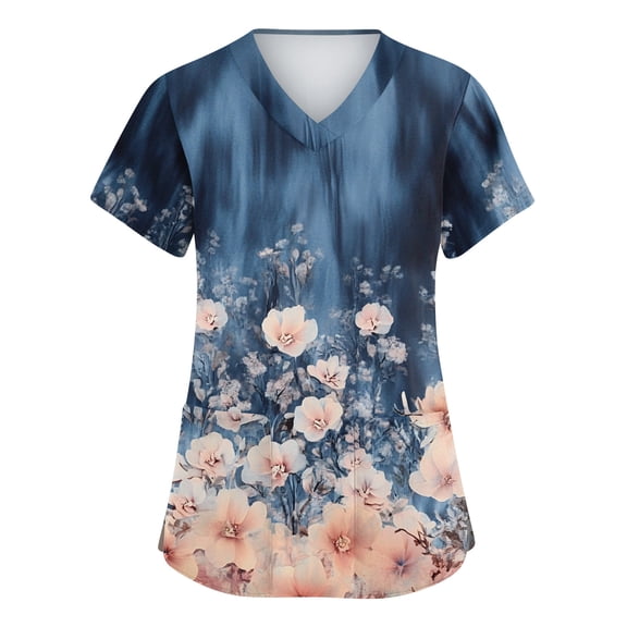 ASDFVBKG Womens Floral Printed Scrub V Neck Tops Plus Size Medical Nursing Tops Scrubs with Pocket Blue L
