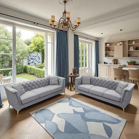 Modern 2 Pieces Sofa Sets, Living Room Furniture Sets with Button Tufted Backrest, 3 3 Seater Velvet Cloud Couch with Gold Metal Legs for Family, Light Gray