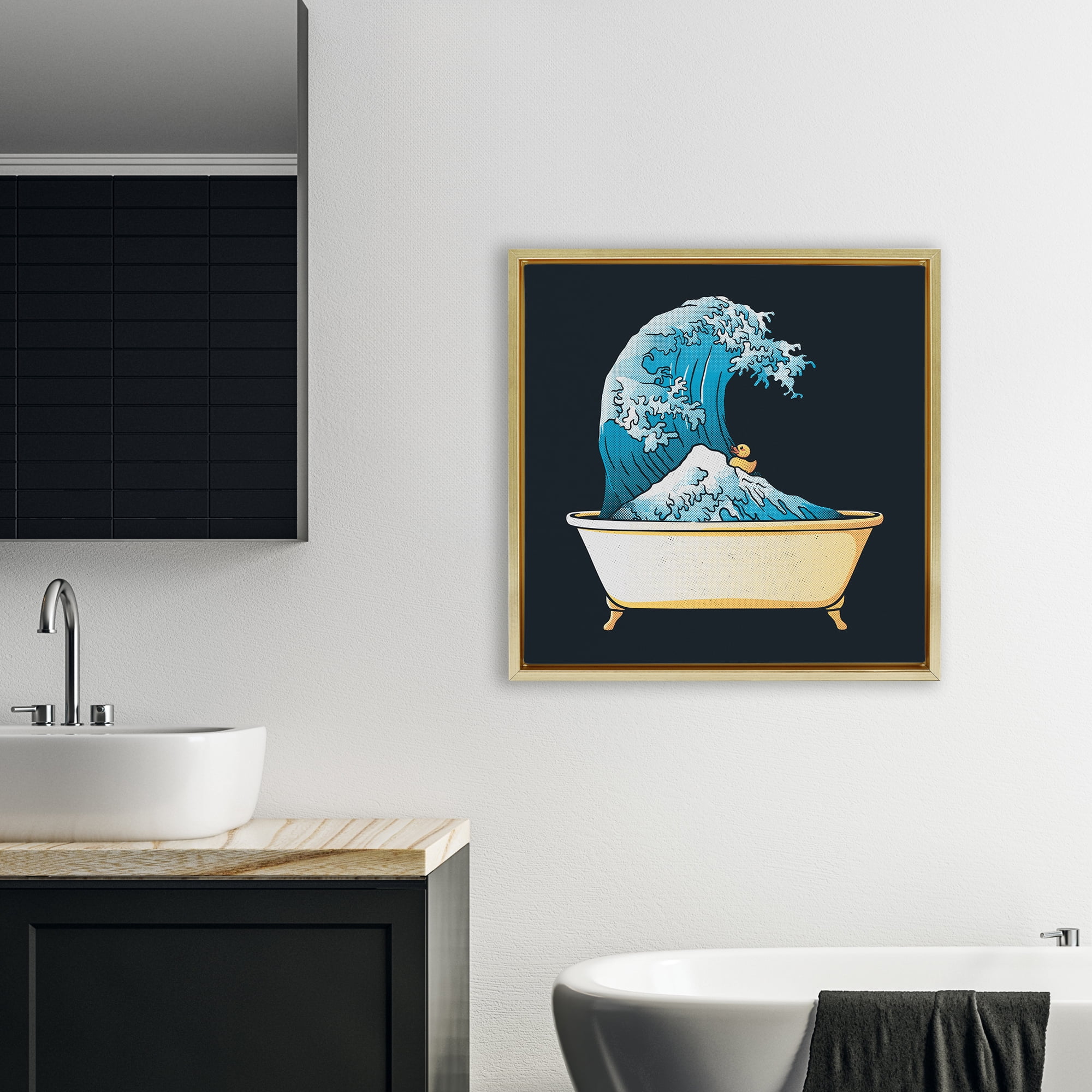 Stupell Industries Bathtub with Kanagawa Wave Gold Framed Floater Canvas Wall Art, design by Tobe Fonseca