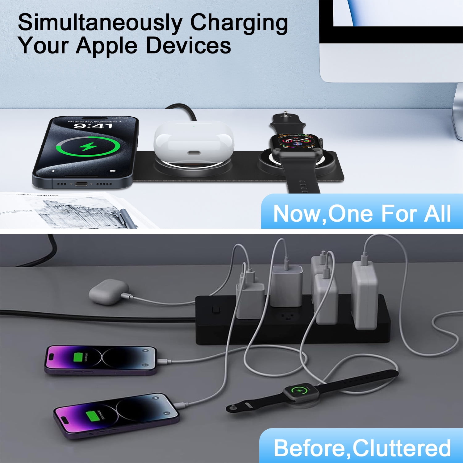 15W Magnetic Wireless Charger Pad,3 in 1 Travel Folded iWatch Wireless Charging Station Mag-Safe Charger Stand AirPods 3 Charging Mat Fast Charging dock Compatible for iWatch AirPods iPhone 17 16 15