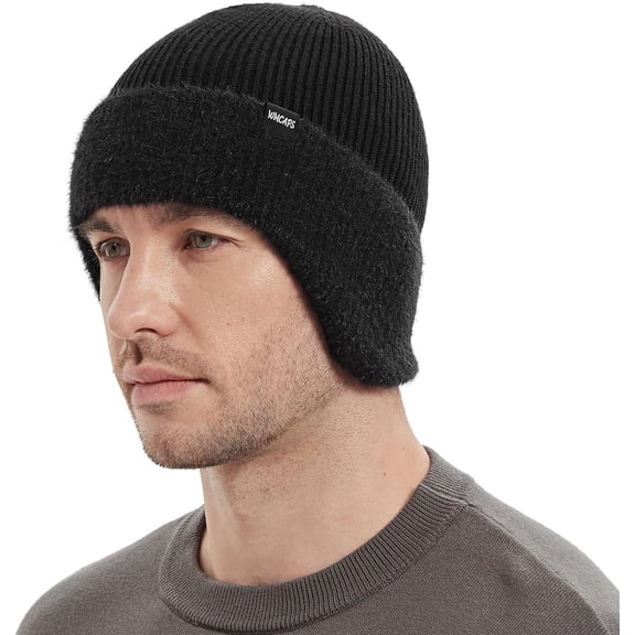 Winter Fleece Line Beanie with Earflap for Men Women, Outdoor Warm Thermal Knitted Hat Stocking Caps