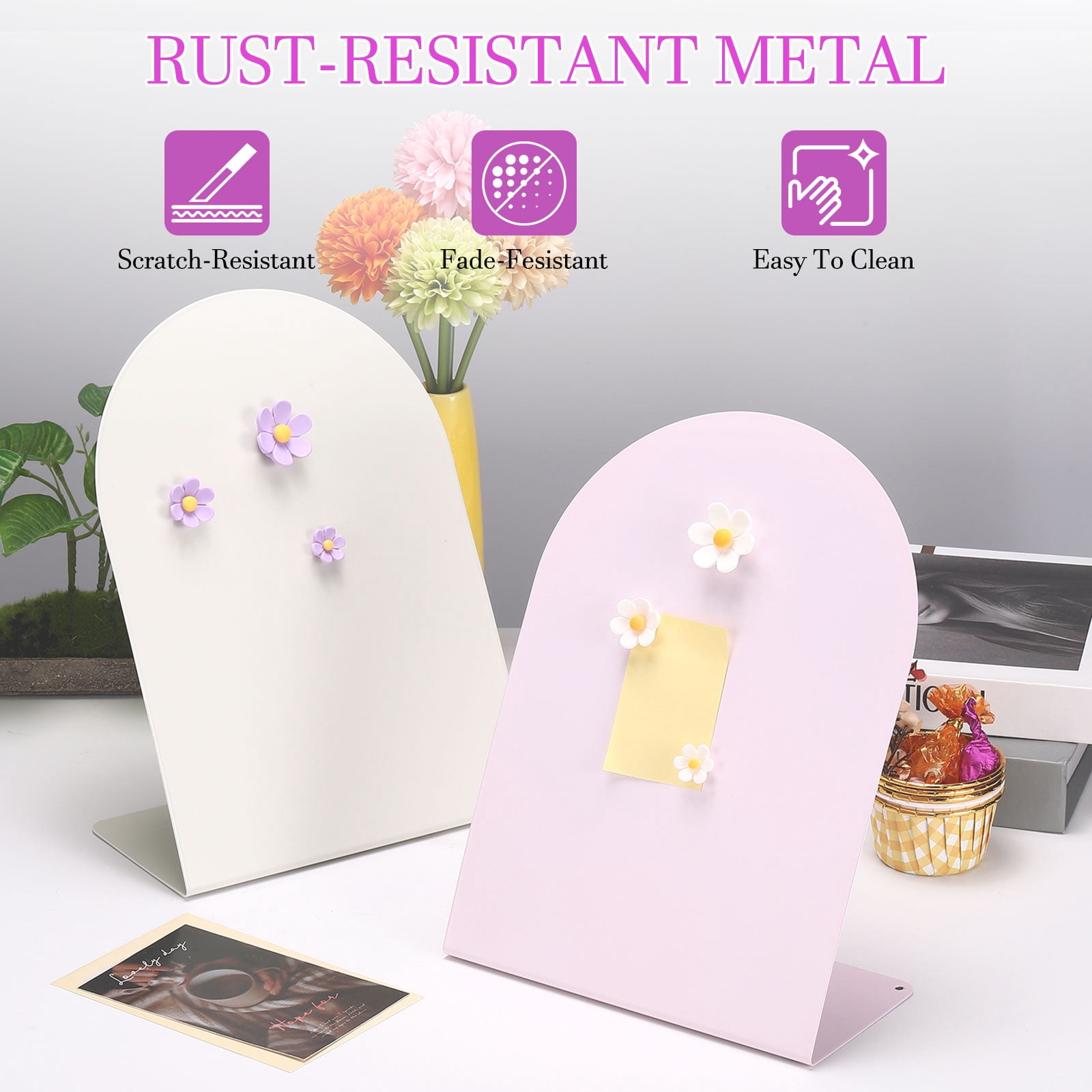 Uxcell 2 Pcs Magnetic Bulletin Board, Memo Magnet Display Stand Board with 6 Flower Magnets for Home Office Kitchen, Pink/Purple/White