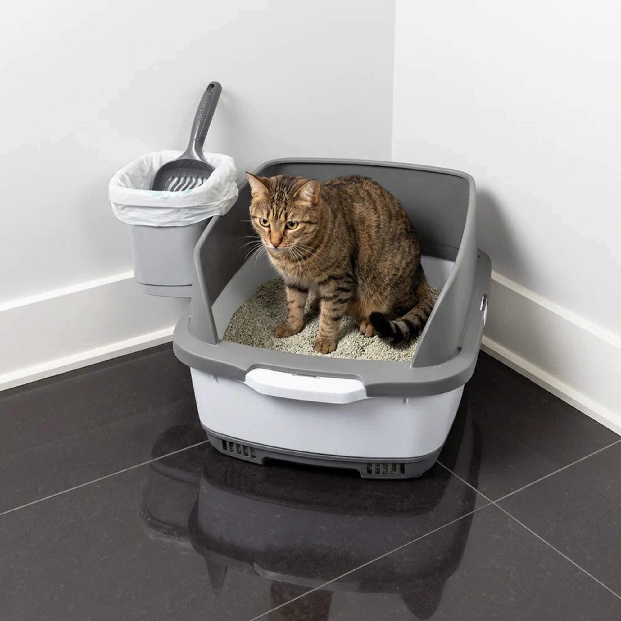 Cateco: Odor Eliminating Cat Litter Box Kit - Gray - Scooper & 10 Dry Pads, Pet Waste Maintenance Set, Advanced Aeration Prevents Bacterial Growth