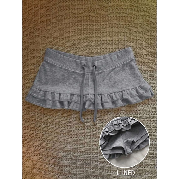 Women's Low Waist Mini Skirt, Drawstring Ruffle Hem Fitted Bodycon Skirt for Party
